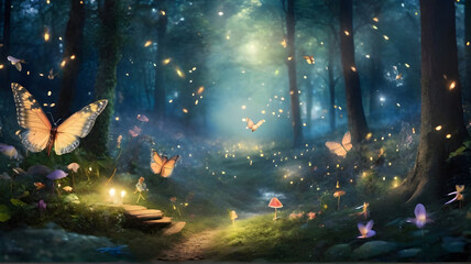 Magical forest clearing with fireflies, fairies, and woodland creatures under shimmering fairy dust