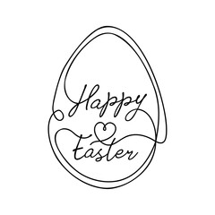 Happy easter greeting card with calligraphy line art lettering in egg shape frame. Vector illustration 