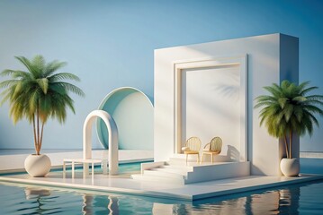 Mockup in outdoor area next to pool in soft colors. Generative AI