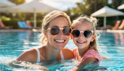  Mother and daughter enjoy a summer afternoon in a swimming pool, both wearing sunglasses and smiling. Their playful interaction and shared fun capture the essence of a family vacation