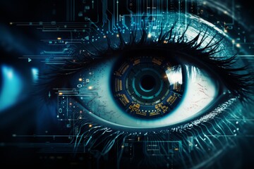 Human eye closeup with virtual hologram for identity verification and ophthalmology observation