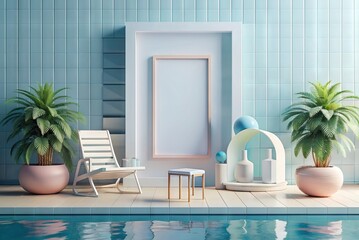 Mockup in outdoor area next to pool in soft colors. Generative AI - obrazy, fototapety, plakaty