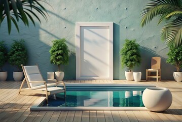 Mockup in outdoor area next to pool in soft colors. Generative AI - obrazy, fototapety, plakaty