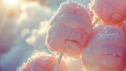 Dreamy Cotton Candy Delight: Soft Sunlight Enhancing Pastel Tones of Sugary Confection - obrazy, fototapety, plakaty