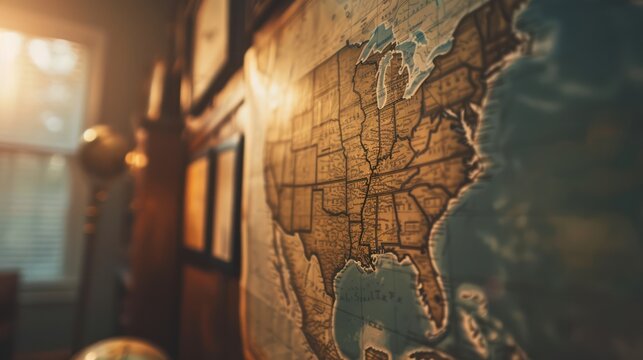 Intricate State Map Wall Decor with Dramatic Lighting Close-Up Detail Photography for Study and Travel in USA