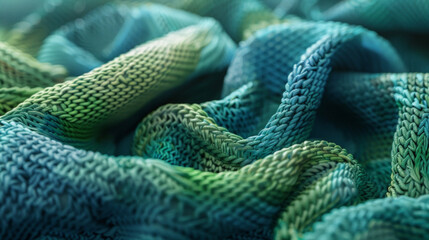 A closeup of a knitted scarf showcasing its soft texture and the complex stitch pattern in shades of blue and green.