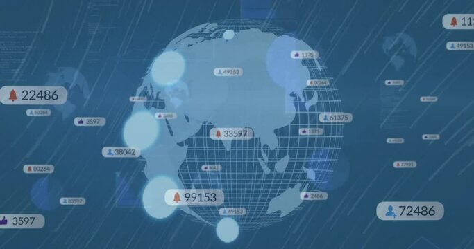 Animation of social media icons with numbers over globe and lines on blue background