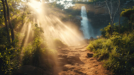 Fototapeta na wymiar Background A dusty trail leading to a hidden waterfall in the middle of a safari.