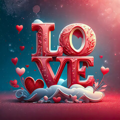 Mot LOVE avec des petits coeurs rouge, Saint Valentin, mariage, sentiment d'amour et de romantisme	