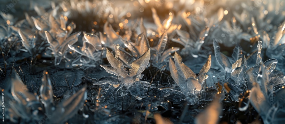 Poster a focused view of low-growing plants covered in a layer of ice, creating a soft and ethereal effect.
