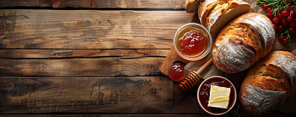 Homemade bread with butter, jam and honey on wooden background Top view space to copy.