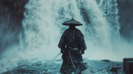 A samurai stands in front of a raging waterfall finding strength and power in its forceful presence.