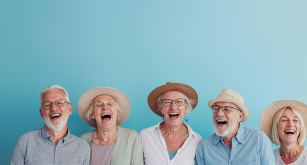 A happy group of elderly people laughing together against a solid blue background