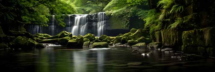 Nature's Symphony: Aesthetically Captivating Waterfall Scene Nestled in Untouched Forest