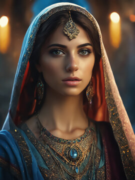 Young oriental woman. Persian princess. Beautiful Arab woman in festive attire. Precious jewelry