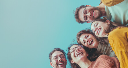 Six young friends look upwards and laugh wholeheartedly, against a clear blue sky, representing friendship and joy