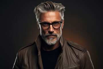 Obraz premium Portrait of a stylish mature man with a beard wearing glasses and a leather jacket against a dark background
