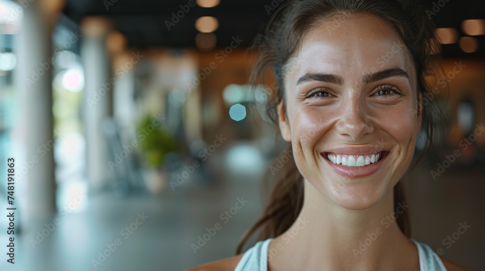 Wall mural A radiant and fit woman smiles as she works out in the gym, embodying wellness and a dedication to a healthy lifestyle. Her positive energy and commitment to fitness inspire those around her.