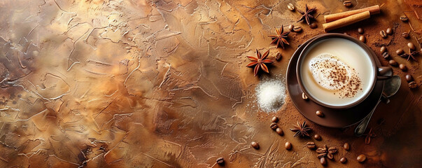 Hot coffee with milk, sugar and cinnamon on dark brown background Top view space to copy.