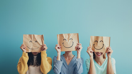 Whimsical concept of happiness and anonymity with women holding bags with drawn smiles on them