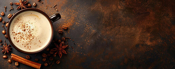 Hot coffee with milk, sugar and cinnamon on dark brown background Top view space to copy.