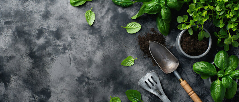 Gardening tools and plants on a dark gray background, top view banner with copy space