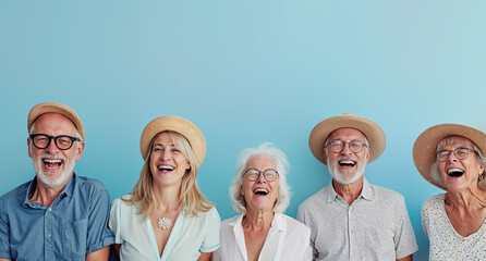 Happy senior friends wearing summer hats against a teal background, sharing a laugh