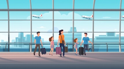 Airport terminal with passengers, flat 2d illustration. Cartoon people with suitcases waiting for flight. Travel and Vacation Concept with Copy Space.