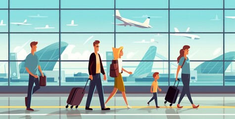 Airport terminal interior with passengers and luggage. 2d flat cartoon illustration. Travel and Vacation Concept with Copy Space. - obrazy, fototapety, plakaty