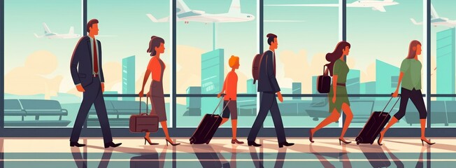 People in airport terminal. Passengers with suitcases and baggage walking. 2d illustration. Travel and Vacation Concept with Copy Space. - obrazy, fototapety, plakaty