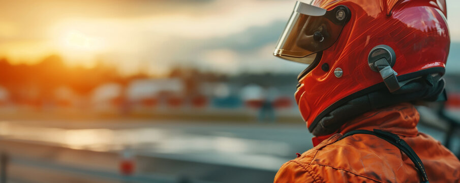 A racer in a red helmet looks at the race track.