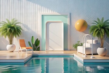 Mockup in outdoor area next to pool in soft colors. Generative AI
