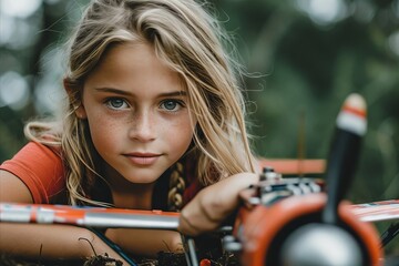 Fototapeta na wymiar Portrait of a beautiful girl on a quad bike in the forest