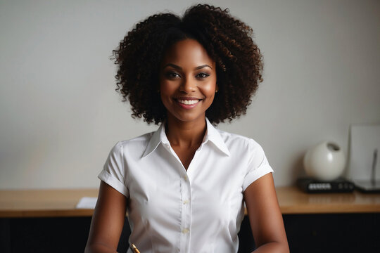 Mujer afroamericana , recepcionista con sonrisa amable y camisa blanca