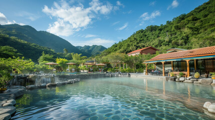 Obraz premium A serene hot spring resort offering a peaceful escape for those seeking relaxation during their Golden Week vacation.