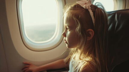 Fototapeta premium A curious little girl gazes out of the window of an airplane, her eyes filled with wonder and excitement as she observes the world below from high above the clouds.