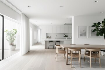 Naklejka na ściany i meble A bright and airy modern living room with stylish staircase, hardwood floors, and contemporary furniture, bathed in natural sunlight. Bright and airy Scandinavian living room. Resplendent.