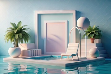 Mockup in outdoor area next to pool in soft colors, Generative AI