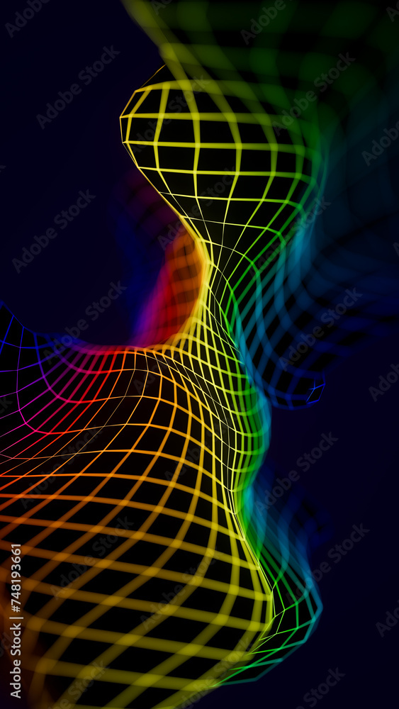 Poster abstract si-fi object. rainbow fractal. 3d object on black vertical background. abstract cyber virtu