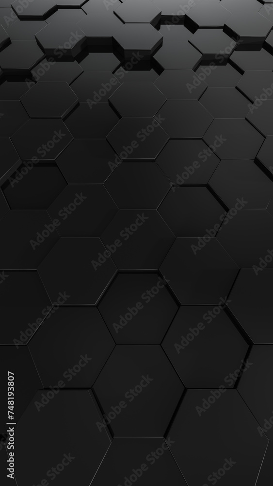 Poster 3d abstract black vertical background. abstract dark hexagon mosaic wall. 3d rendering illustration 