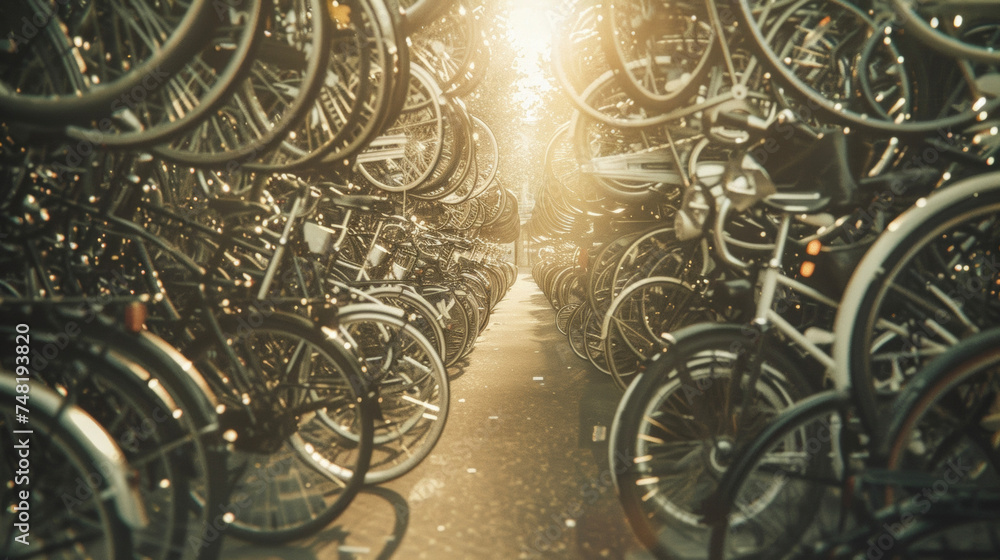 Poster multiple bicycles of varying shapes and sizes their wheels locked in place forming an organized and 