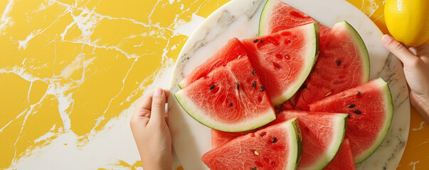 Juicy watermelon slices arranged on a marble platter with a sunny yellow background Top view space to copy.