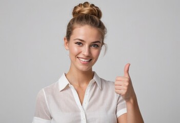 A happy young woman giving a thumbs up. Her casual shirt and updo hairstyle reflect a relaxed, positive attitude.