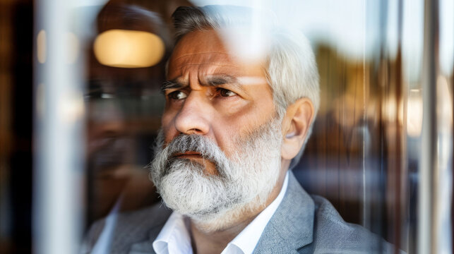 A middle-aged businessman, dressed in a suit and tie, gazes out of the window with a thoughtful expression.