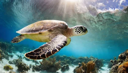 Foto auf Alu-Dibond Green Sea Turtle swimming in Caribbean © wiizii