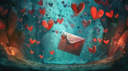 Whimsical Paper Craft Hearts and Love Letter Envelope in Dreamy Mid-Air Romantic Atmosphere