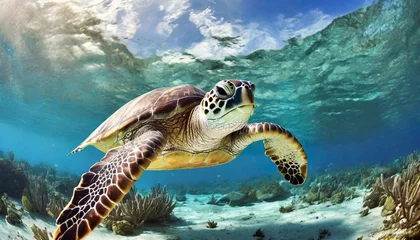 Fensteraufkleber Green Sea Turtle swimming in Caribbean © wiizii