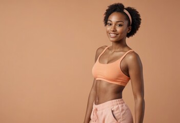 A woman in a sporty top and shorts, hands on hips, peach background. Her smile and relaxed pose convey a sense of comfort and confidence. - obrazy, fototapety, plakaty