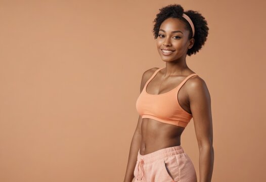 A woman in a sporty top and shorts, hands on hips, peach background. Her smile and relaxed pose convey a sense of comfort and confidence.