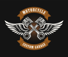 Motorcycle club emblem design with crossed wings and pistons